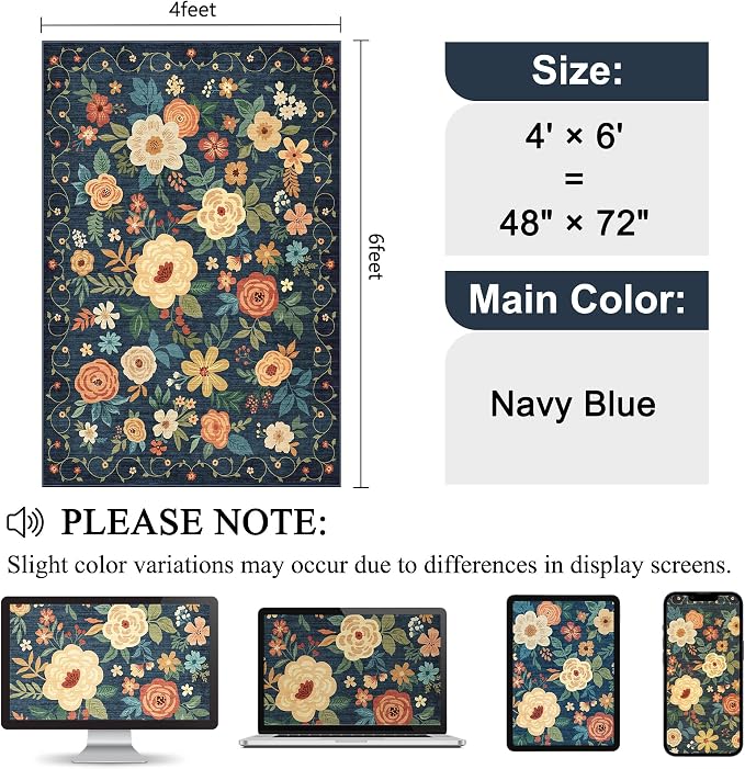DUKINO 4x6 Area Rug, Lightweight Non Slip Washable Floral Rug, Indoor Low Pile - Image 2