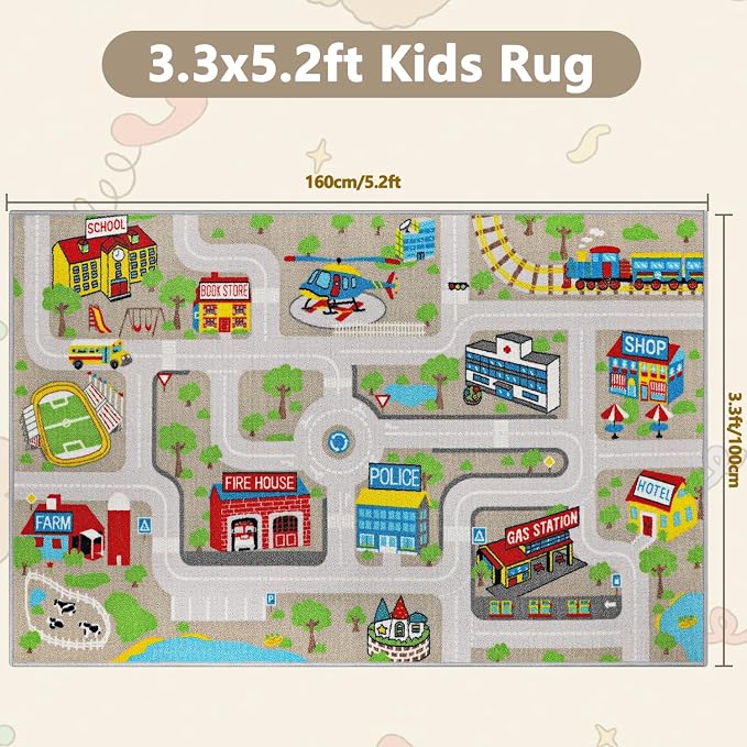 Capslpad Kids Rug Educational Play Rug 5.2'x3.3' Traffic Road Kids Play Car Mat - Image 2