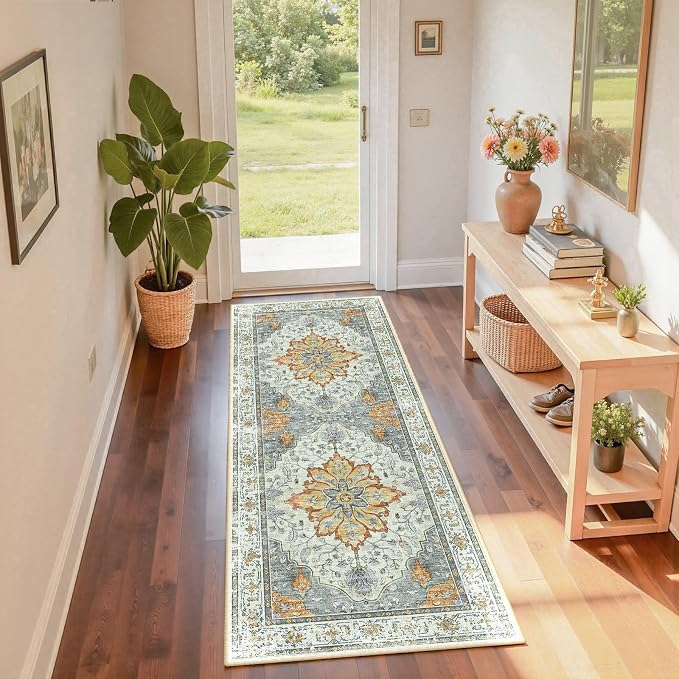 RELEANY Area Rugs Runner 2'x6' Washable Non-Slip, Floral Vintage Distress by RELEANY
