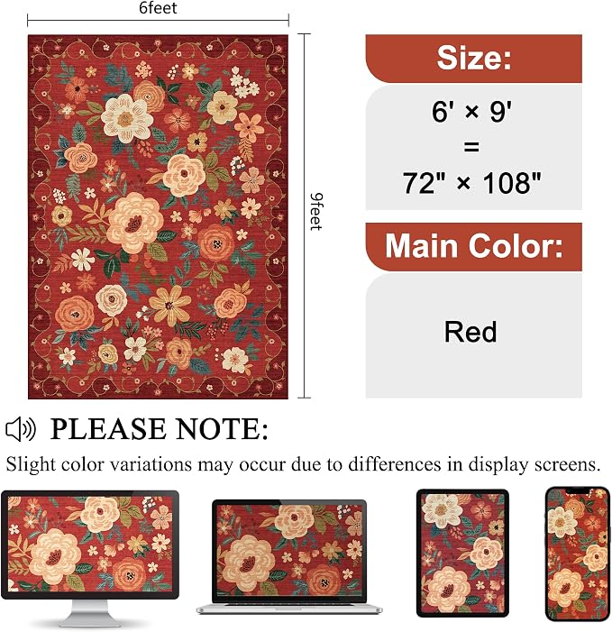 DUKINO 6x9 Area Rug, Floral Rugs - Image 2