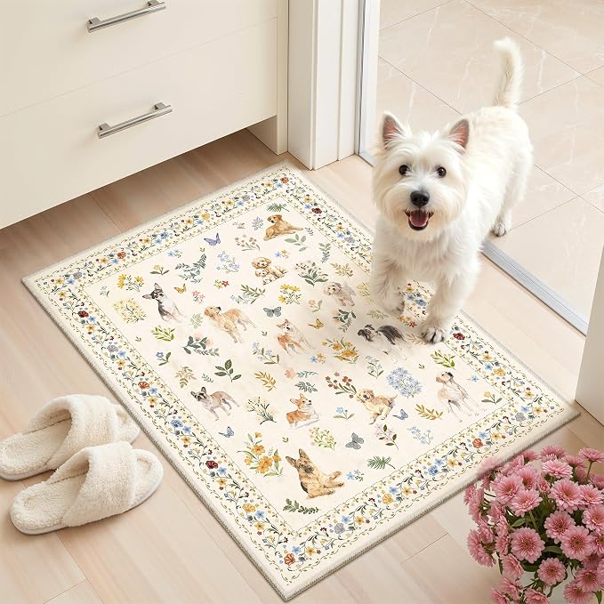 Soalmost 2x3 Dog Rugs for Entryway, Machine Washable Door Mat Animal Floral by Soalmost