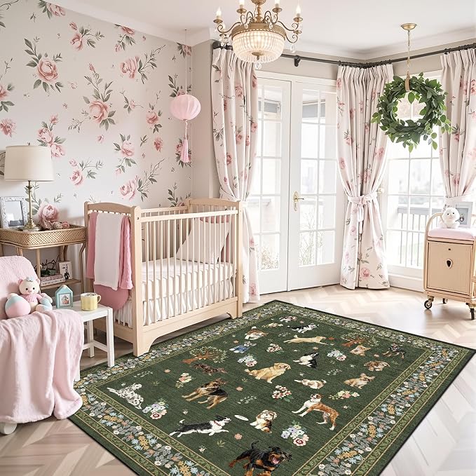 Floral Dog Machine Washable Rug Dark Green, 3x5 Rug Non Slip Soft Bedroom Rugs - Image 2