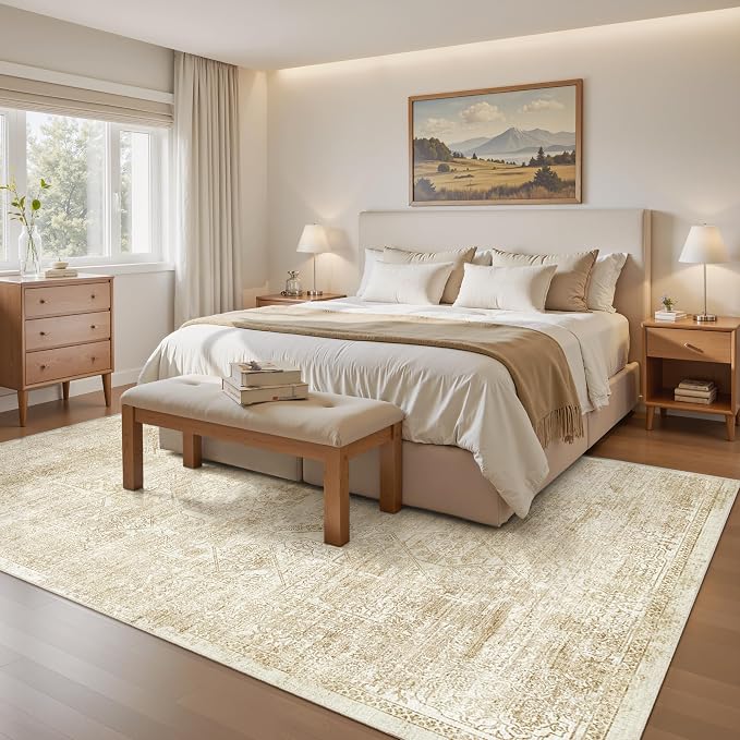 Soalmost 5x7 Area Rugs Beige Low Pile Indoor Washable Trendy Faded Style Floral - Image 9