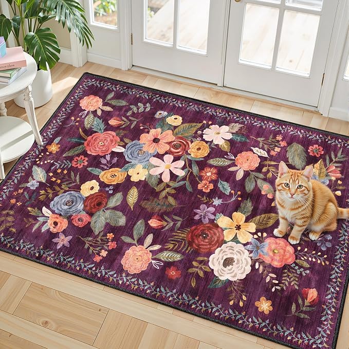 Floral Rug for Entryway, 2x3 Washable Kitchen Mat Ultra-Thin Soft, Non-Slip by WelcometoBabovid