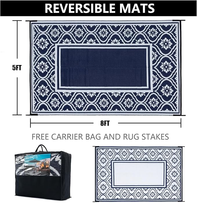 HUGEAR Outdoor Patio Rug 5'x8' Waterproof Outside Area Rugs Blue Reversible - Image 2