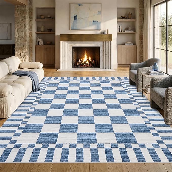 GarveeHome 8×10 Area Rugs for Living Room, Dark Blue Checkered Rug，Modern by GarveeHome