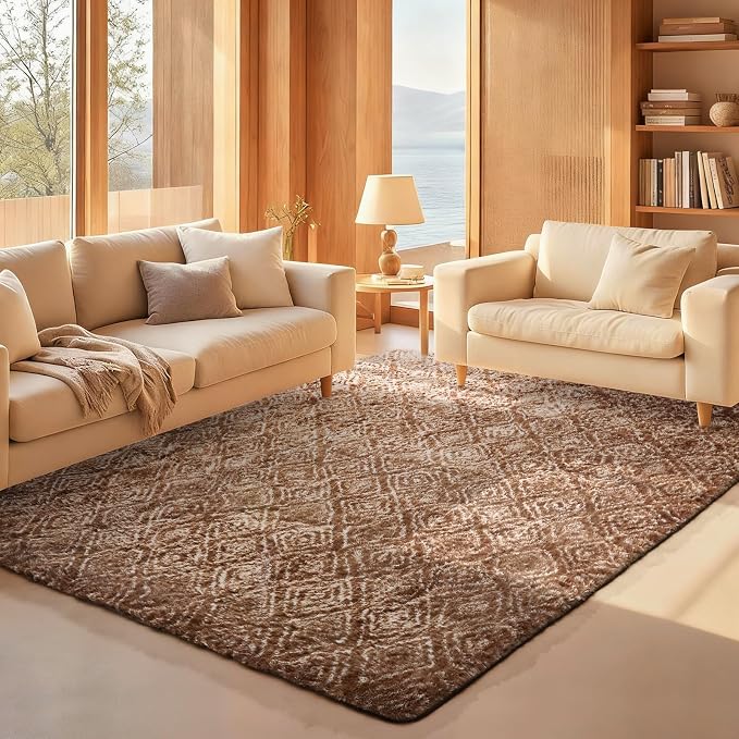 Ophanie Brown and White Diamond Striped Rugs by Ophanie