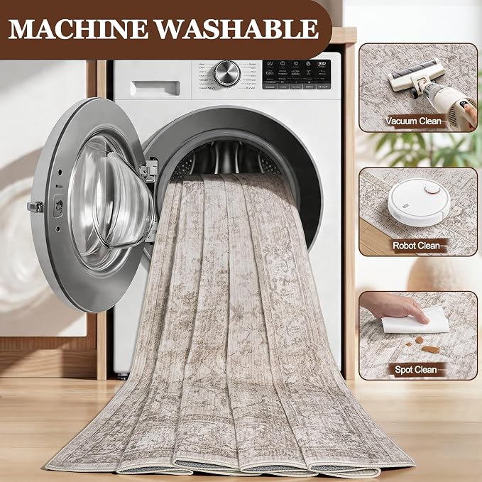 9x12 Area Rugs for Living Room:Beige Washable Vintage Medallion Carpet Non-Slip - Image 7
