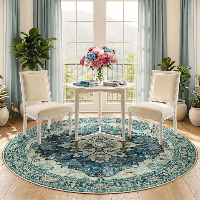 RELEANY Area Rugs Round 5ft Washable Non-Slip, Floral Vintage Distress - Image 2