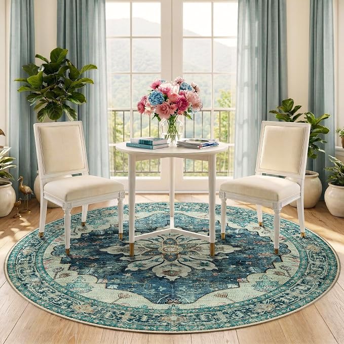 RELEANY Area Rugs Round 6ft Washable Non-Slip, Floral Vintage Distress - Image 2