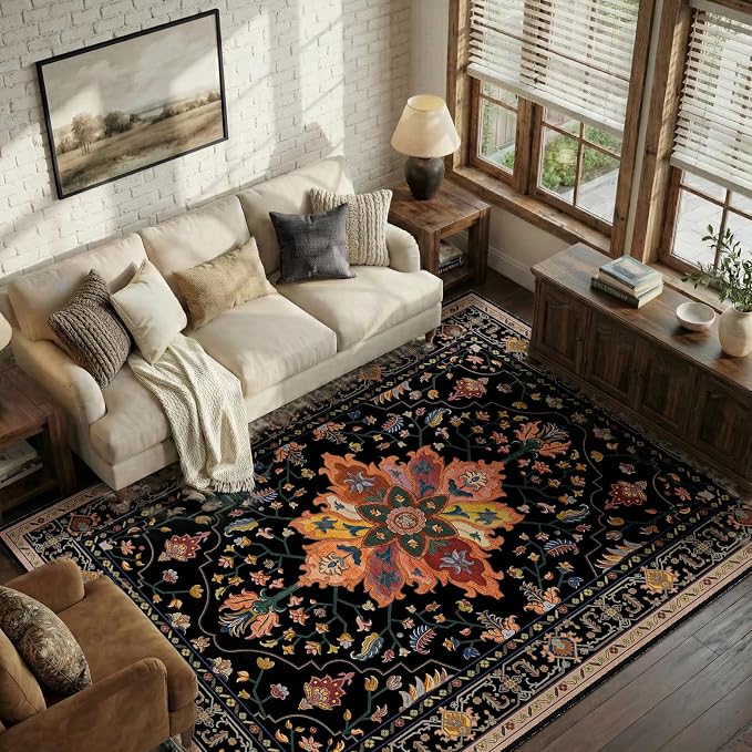 RELEANY Area Rugs 6'x9' Washable Non-Slip, Floral Vintage Distress Medallion by RELEANY