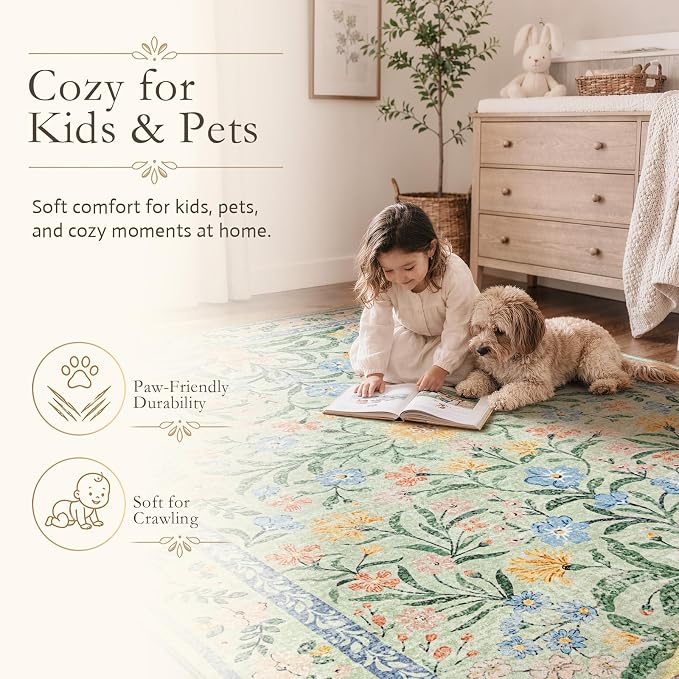 Wonnitar Machine Washable Area Rugs 9x12, Soft Sage Green Floral Rug - Image 6