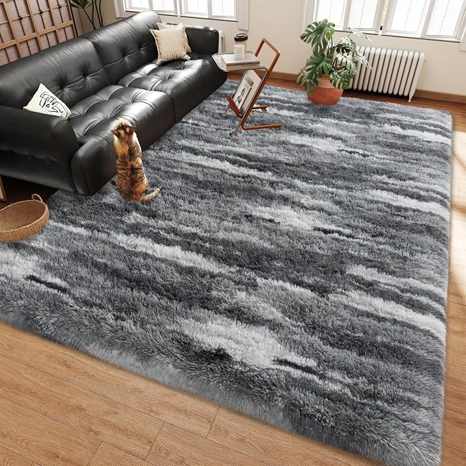 Shag Rugs for Living Room 5x7, Ultra Soft Abstract Grey Big Fuzzy Rugs for by Ailyei