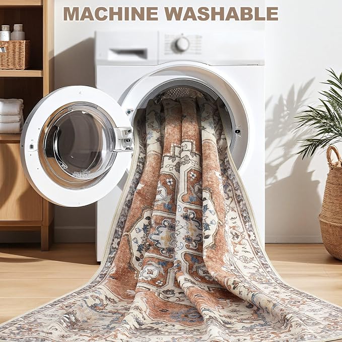 10x12 Washable Area Rug: Vintage Neutral Soft Non Slip Thin Large Floor Carpet - Image 4