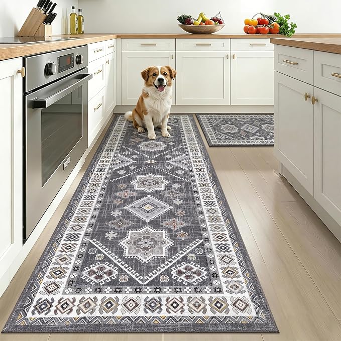 HEBE Boho Kitchen Rugs Sets of 2, Non Slip Washable Kitchen Mats by HEBE