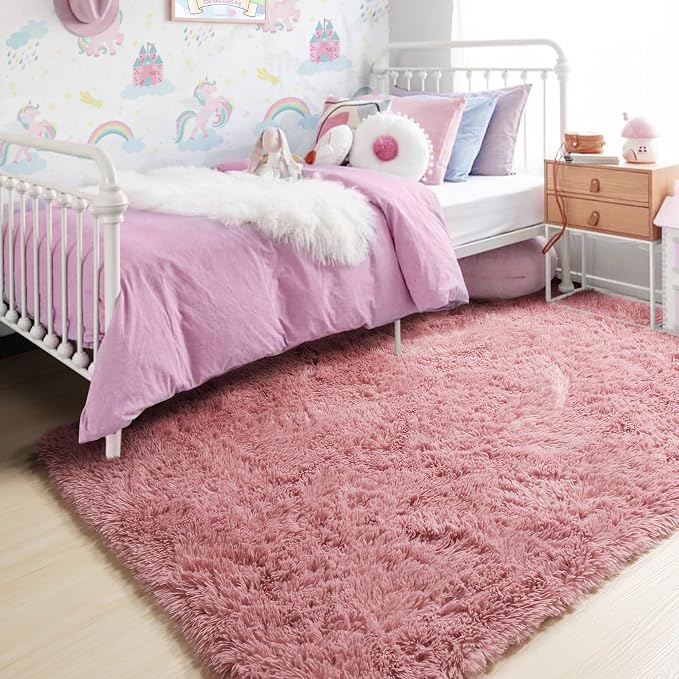 Amdrebio Blush Pink Area Rugs for Girls Bedroom, Furry Fluffy Cute Small Rug - Image 3