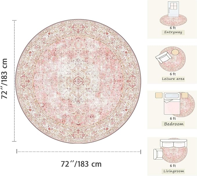 Latte&Fog Washable Pink Round Rug 6ft, Soft Cute Circle Area Rugs - Image 2