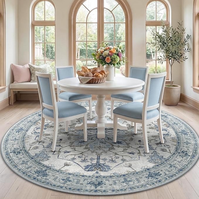 RELEANY Area Rugs Round 7ft Washable Non-Slip, Floral Vintage Distress by RELEANY