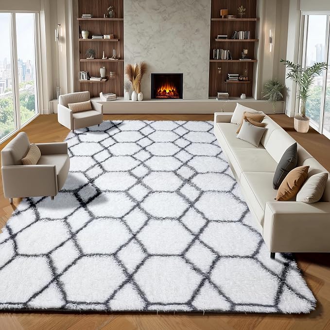ONASAR 7x9 Area Rugs for Living Room Bedroom, Large Fluffy White and Grey Throw - Image 5