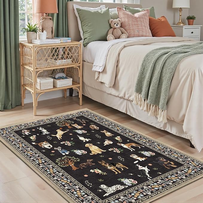 Area Rug 4x6 Black Dog Rug, Washable Rugs Non Slip Low Pile Floral Dog Small - Image 3