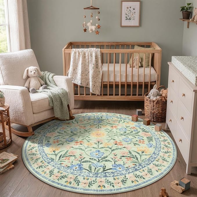 Wonnitar Washable Round Area Rug, 5ft Green Floral Round Rug Boho Soft Circle - Image 3