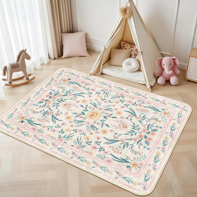 Pink Floral Rug 3x5 for Girls Bedroom, Washable Non-Slip Nursery Rug, Soft Cute - Image 7