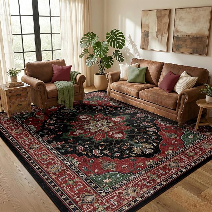 RELEANY Area Rugs 5'x7' Washable Non-Slip, Floral Vintage Distress Medallion by RELEANY