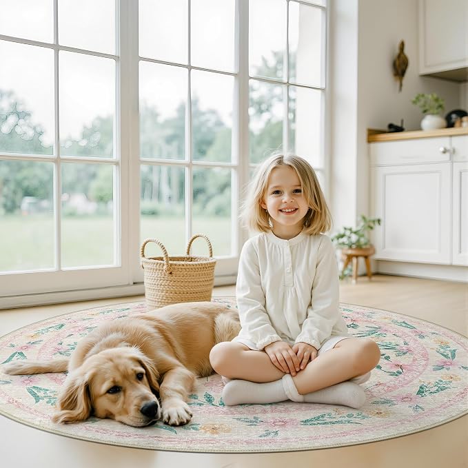 Round Boho Nursery Rug 8ft Pink Floral – Soft Washable Circle Rug - Image 2