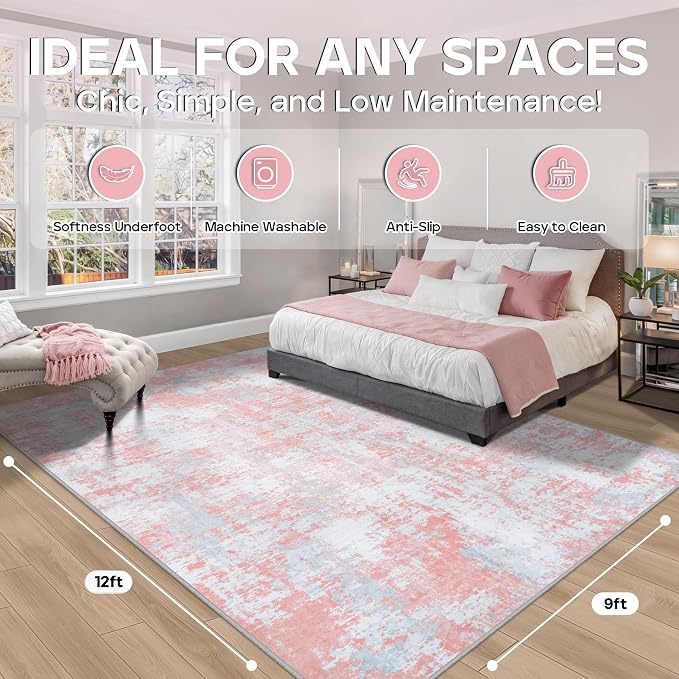 Pink Rug Carpet 9x12 Area Rugs for Bedroom Girls: Washable Modern Rug for - Image 2
