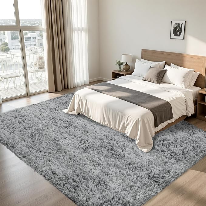 8x10 Area Rug for Living Room:Ultra Soft Fluffy Shag Light Grey Rugs, Large - Image 3