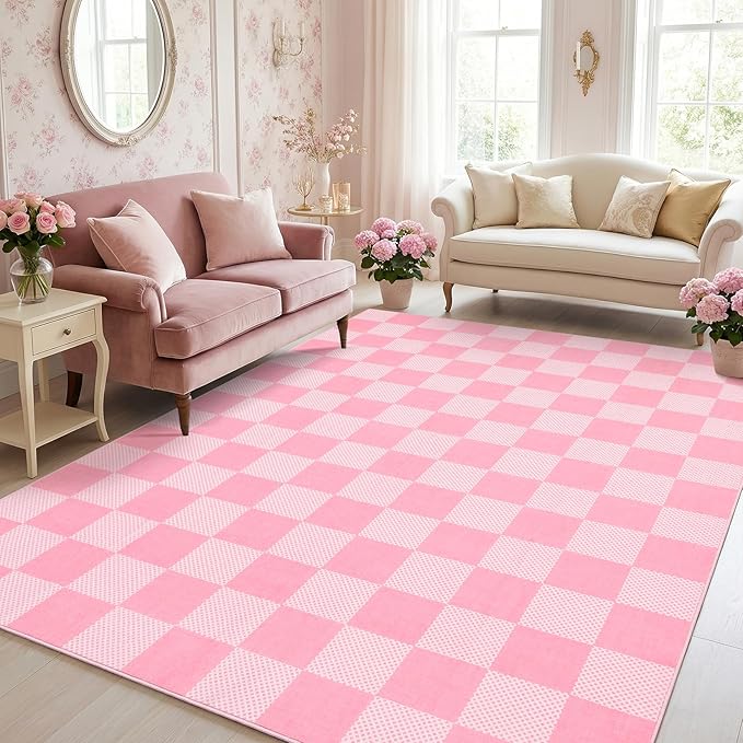 GarveeHome Checkered Blush Pink and White 2x3 Washbale Rug Door Mat Geometric - Image 5