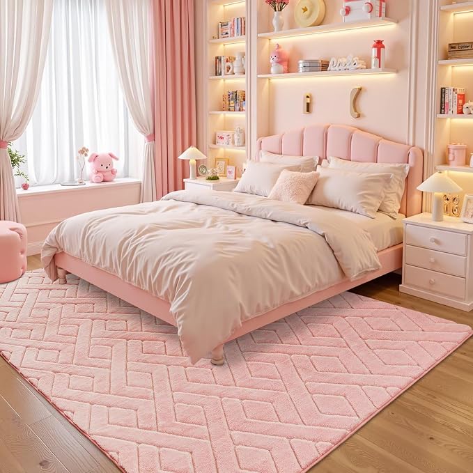 5x7 Pink Washable Area Rug for Girls Bedroom Living Room, Modern Geometric Shag - Image 2