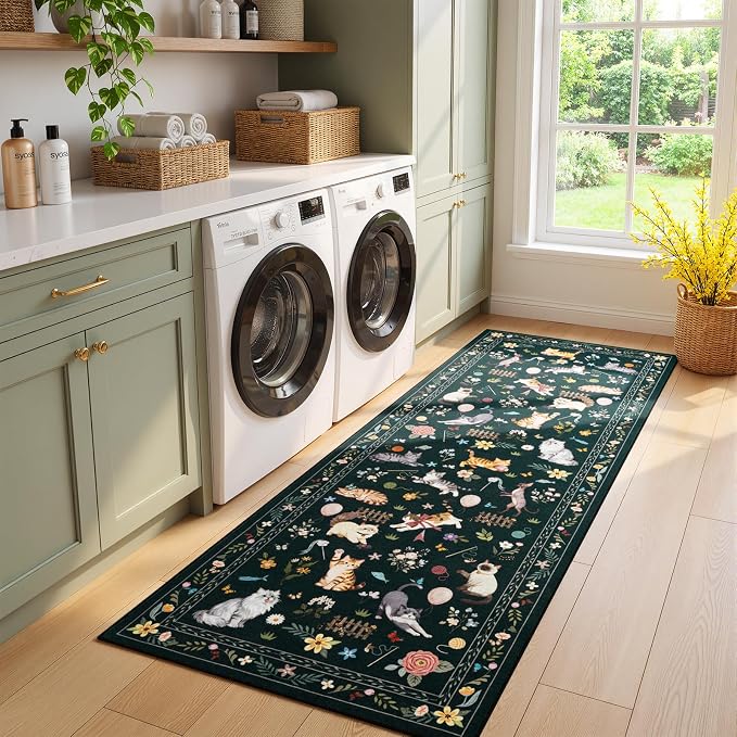 Unirea 2.6x8 Black Cat Runner Rug, Washable Non Slip Botanical Rug - Image 9