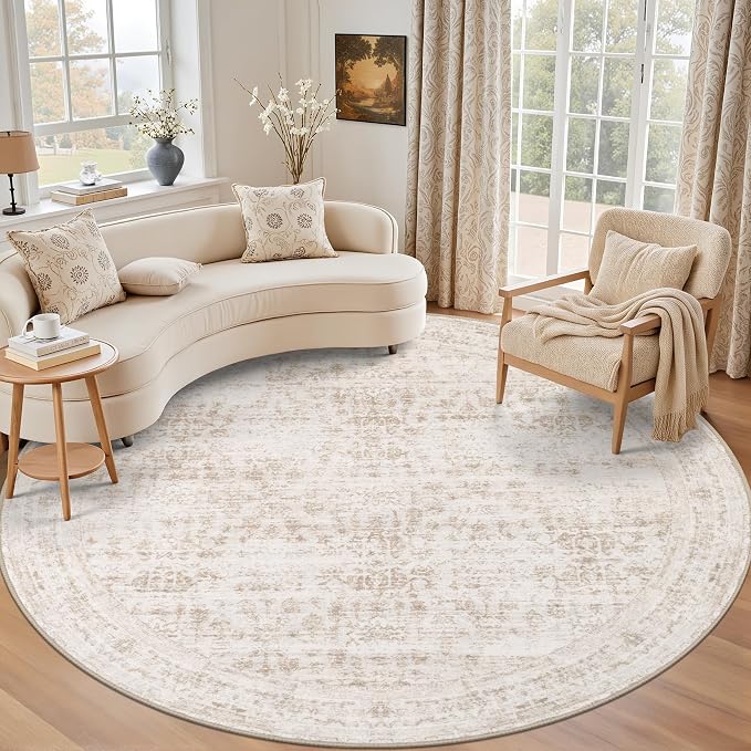 Round Area Rug for Living Room: 8 ft Washable Vintage Boho Soft Thin Circle Rug by EXPEDIX