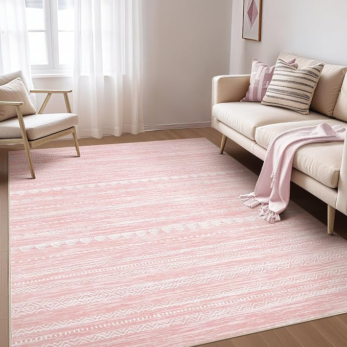 Nakagishi Pink Rugs for Bedroom Girls: 4x6 Washable Boho Large Neutral Area Rug - Image 3