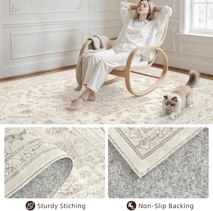 10x12 Area Rug for Living Room: Vintage Boho Neutral Washable Rug Indoor Soft - Image 4