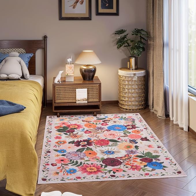 Blush Floral Machine Washable Rug, 3x5 Rug Non Slip Soft Bedroom Rugs - Image 7