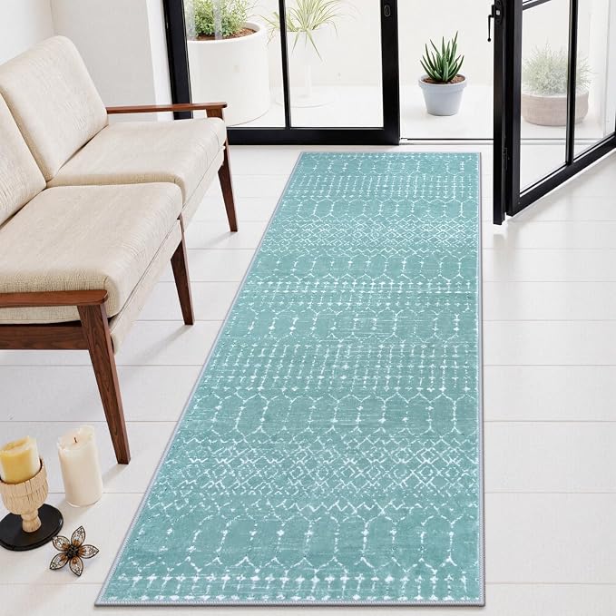 Lahome Moroccan Washable Runner Rug 2x8 Green Non-Slip Rug Runner - Image 2