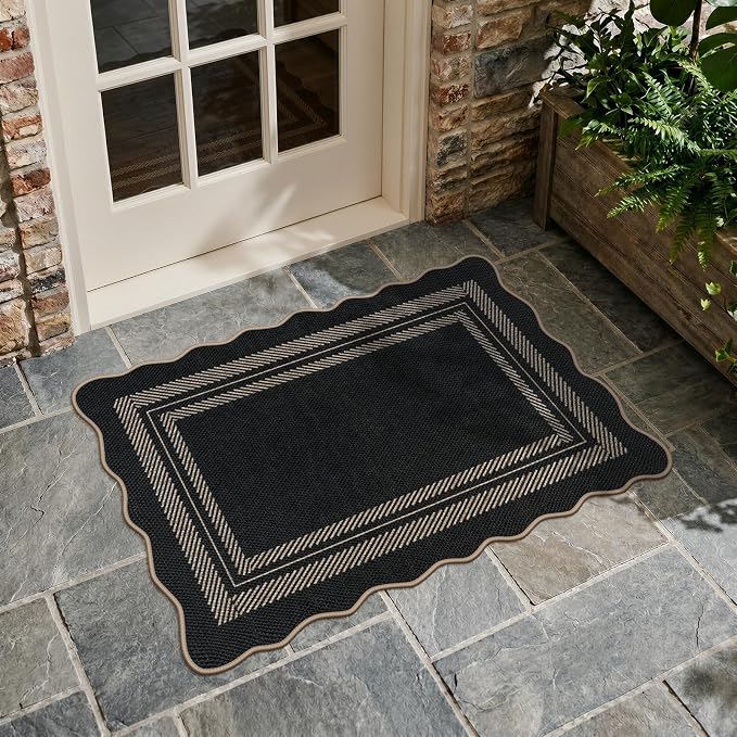 LIVEBOX Scalloped Easy Jute 2x3 Front Door Mat Black Kitchen Rug, Washable - Image 2