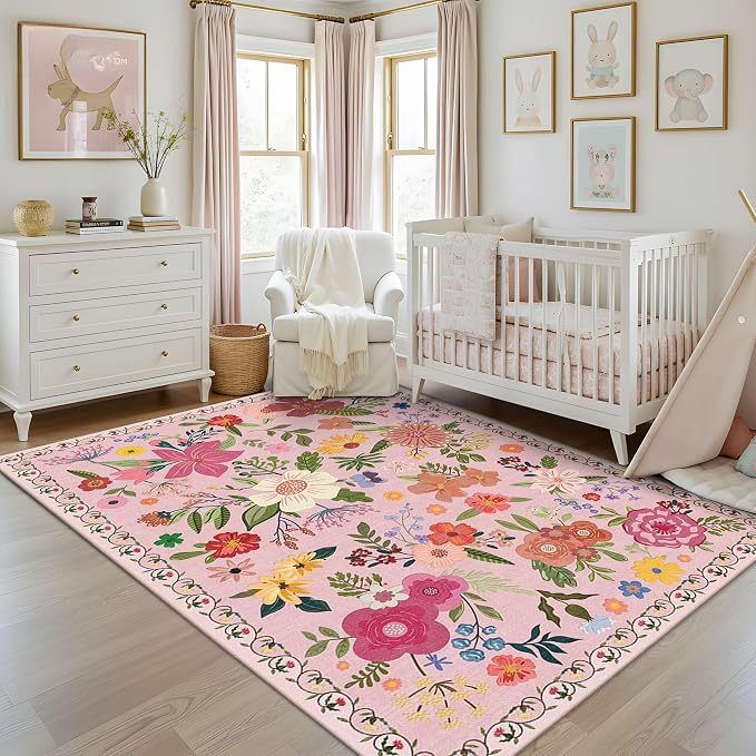 Latte&Fog Floral Area Rugs, Living Room, Cute Nursery Dorm, Non Slip Low Pile - Image 3
