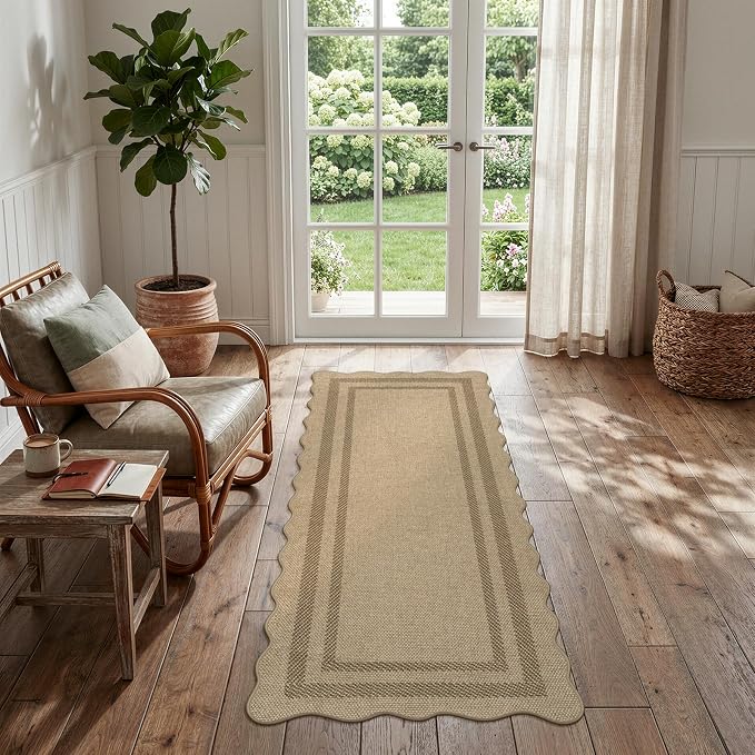 LIVEBOX Scalloped Easy Jute 2x5 Runner Kitchen Rug, Washable Non Slip Tan Rugs - Image 8