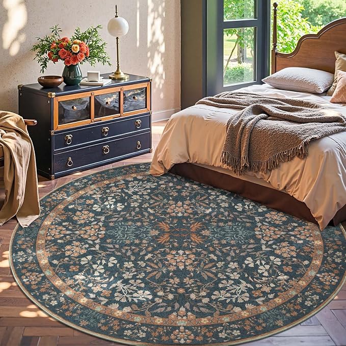 jinchan Zenith Round Rug 7ft Area Rug Soft 7'Round Vintage Floral Rug Non-Slip - Image 3