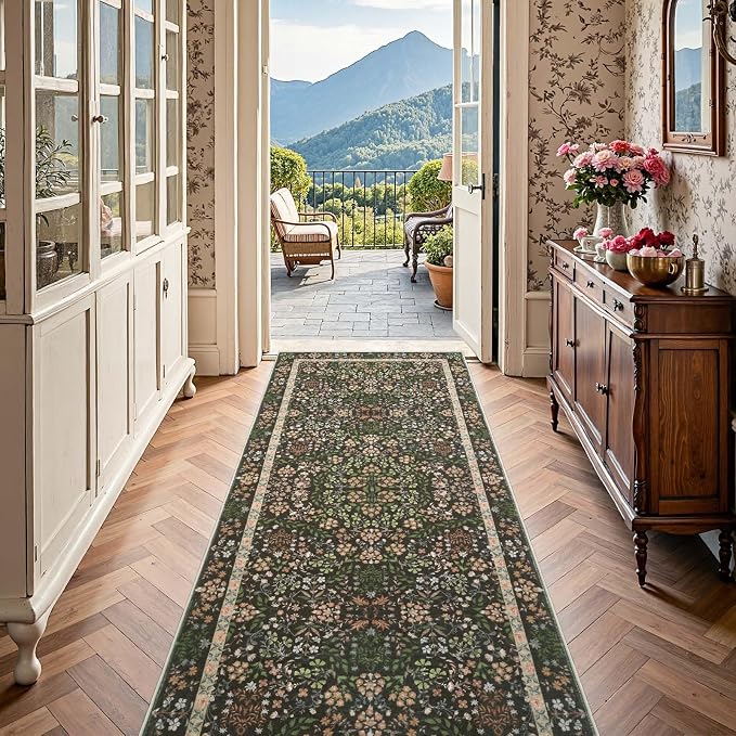jinchan Zenith Floral Runner Rug 3x10 Washable Kitchen Runner Non-Slip Low-Pile - Image 3