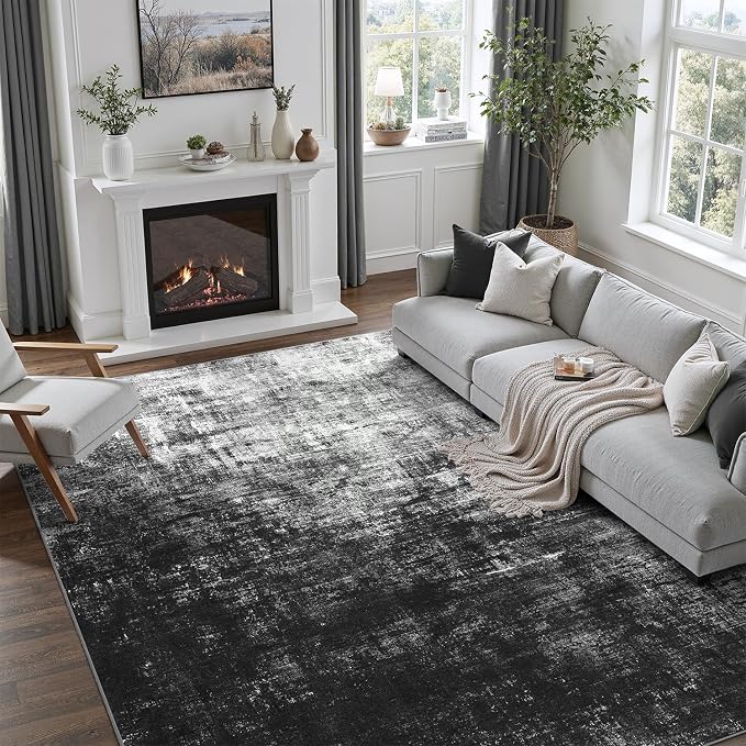 DCX Abstract Area Rug 6x9, Washable Black Modern Rug by DCXWashableRug