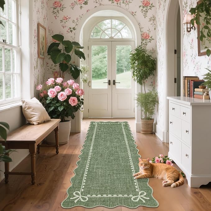 GarveeHome Scalloped Bow Rug for Living Room, Solid Green Rug for Dorm - Image 3