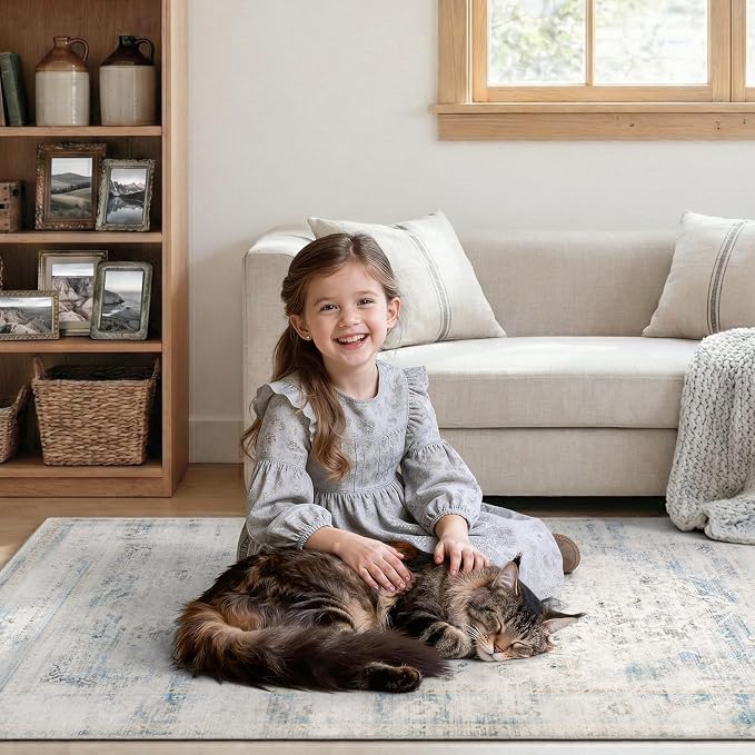 DCX 6x9 Haze Blue Rug, Machine Washable Stain Resistant Distressed Vintage Rug - Image 4