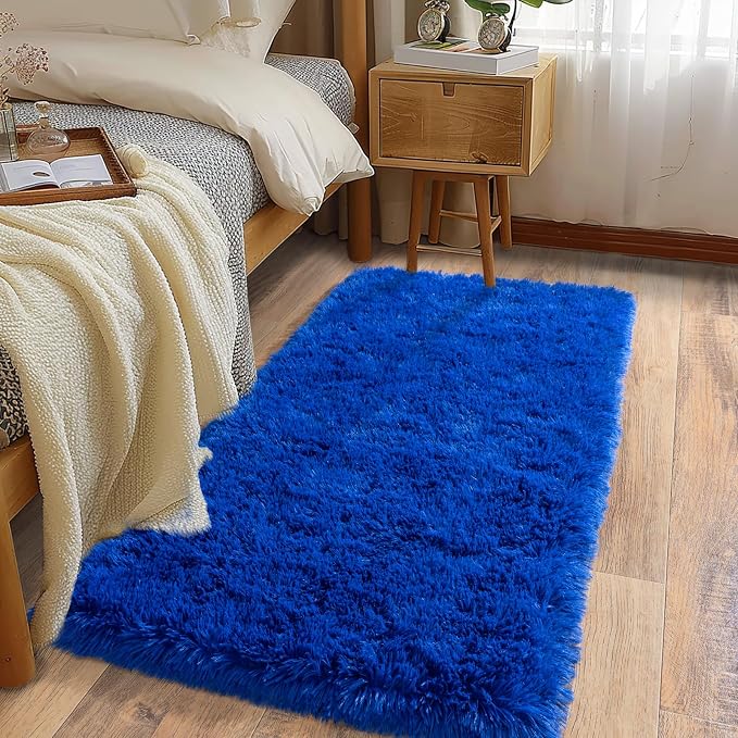 Soft Runner Rugs for Bedroom Hallways, 2x4 Royal Blue Fluffy Shag Throw Area by Ailyei