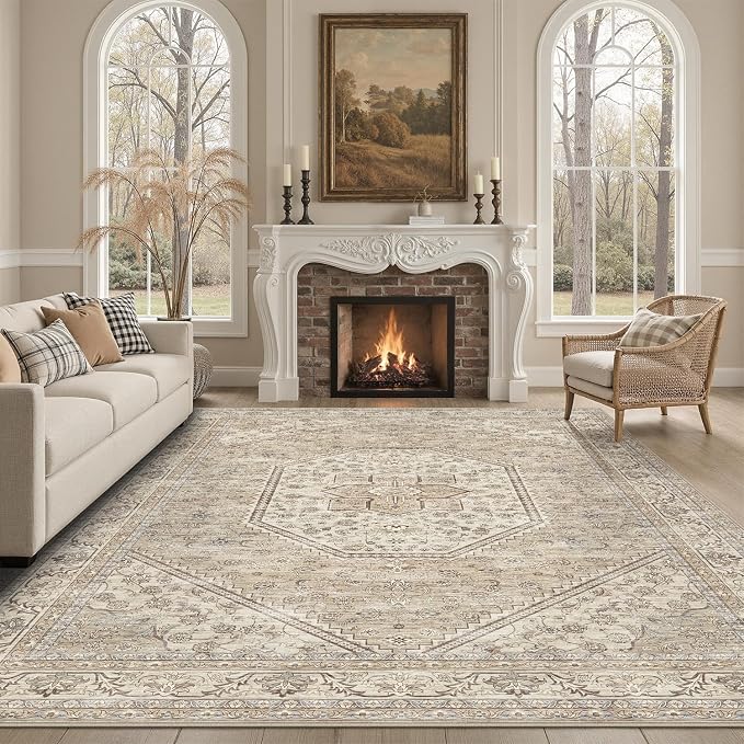 DCX Machine Washable Brown and Beige Area Rug 8x10, Non Slip Stain Resistant by DCXWashableRug
