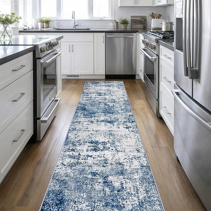 2.6'x14' Runner Rug Washable Rug: Modern Abstract Soft Thin Runner Rug Blue by FXRHLP