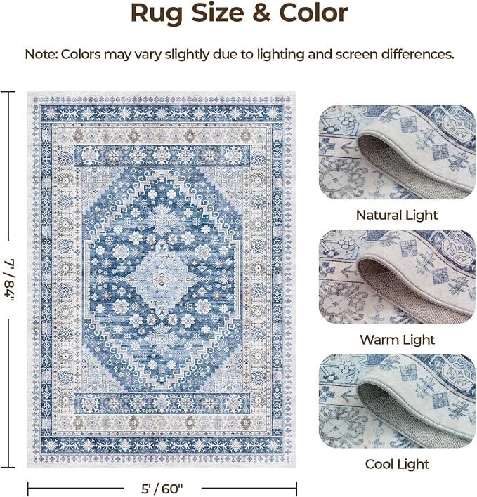 5x7 Blue Area Rugs, Washable Living Room Rug, Vintage Boho Carpet, Non Slip & - Image 2